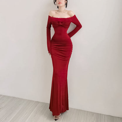 Fall Maxi Dress Elegant Sexy Slim Off Shoulder Chest Show Dress Women