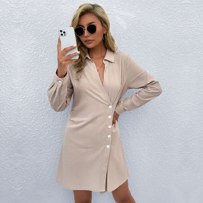 Women Wear Solid Color Collared Long Sleeve Dress