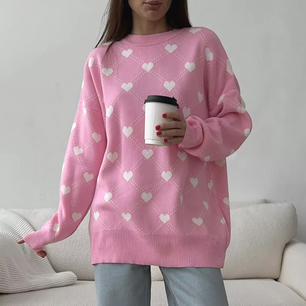 Autumn Winter Sweater Mid Length Sweater Love Pullover Crew Neck Sweater Women