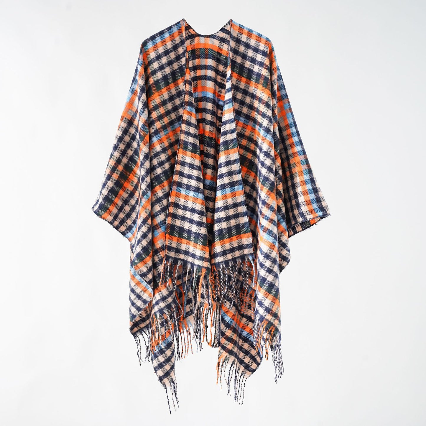 Plaid Autumn Winter Outerwear Cape Shawl Warm Cashmere like Tassel Scarf for Women