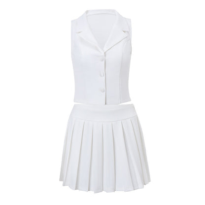 Women Clothing Spring Sexy V neck Vest Sexy Slim Fit Pleated Skirt Set