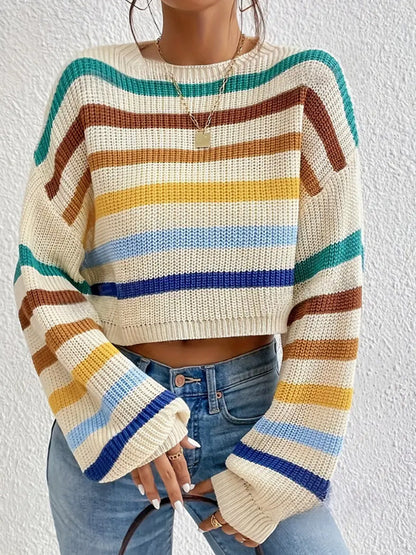 Autumn Winter Women Sweater Pullover round Neck Classic Striped Sweater Loose Casual Top Women