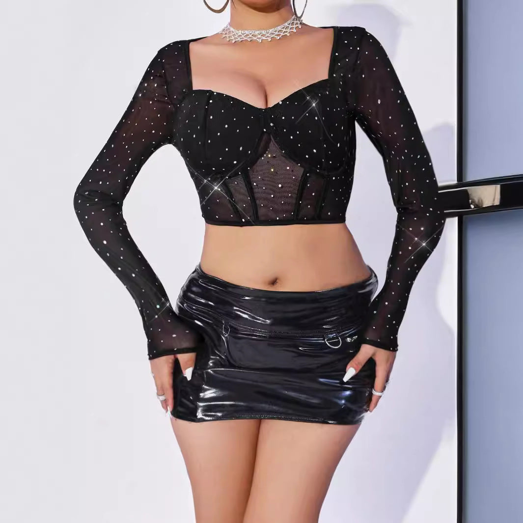 Sexy See Through Dress Nightclub Steel Ring Boning Corset Mesh Sequined Square Collar Sexy Long Sleeve Top