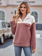 Autumn Winter Women Clothing  Button Color Matching Stand Collar Plush Thick Top Women