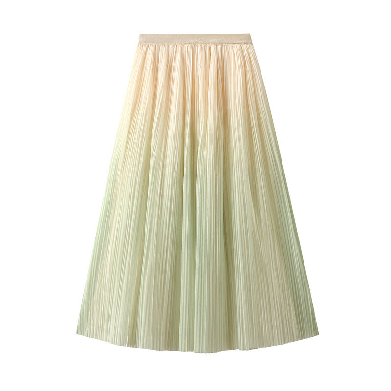 Women Elegant Graceful Gradient Color Pleated Skirt Spring Summer Light Luxury High Waist A line Skirt