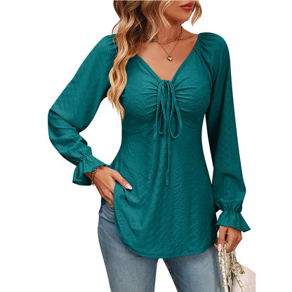 Fall Arrival Women Clothing V Neck Drawstring Girdle Sexy Long Sleeve Solid Color T Shirt