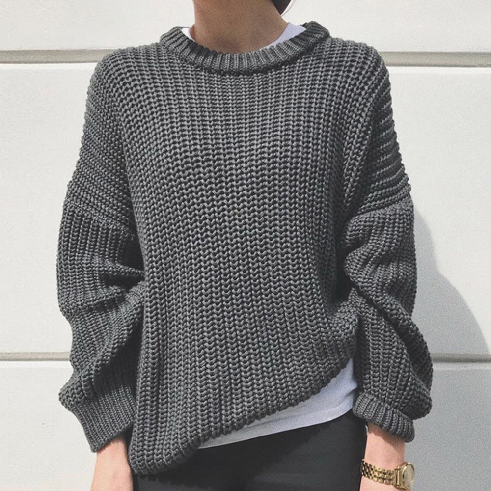 Autumn Winter Casual Simple Thick Needle Long Sleeve Round Neck Loose Knitted Pullover Sweater Women