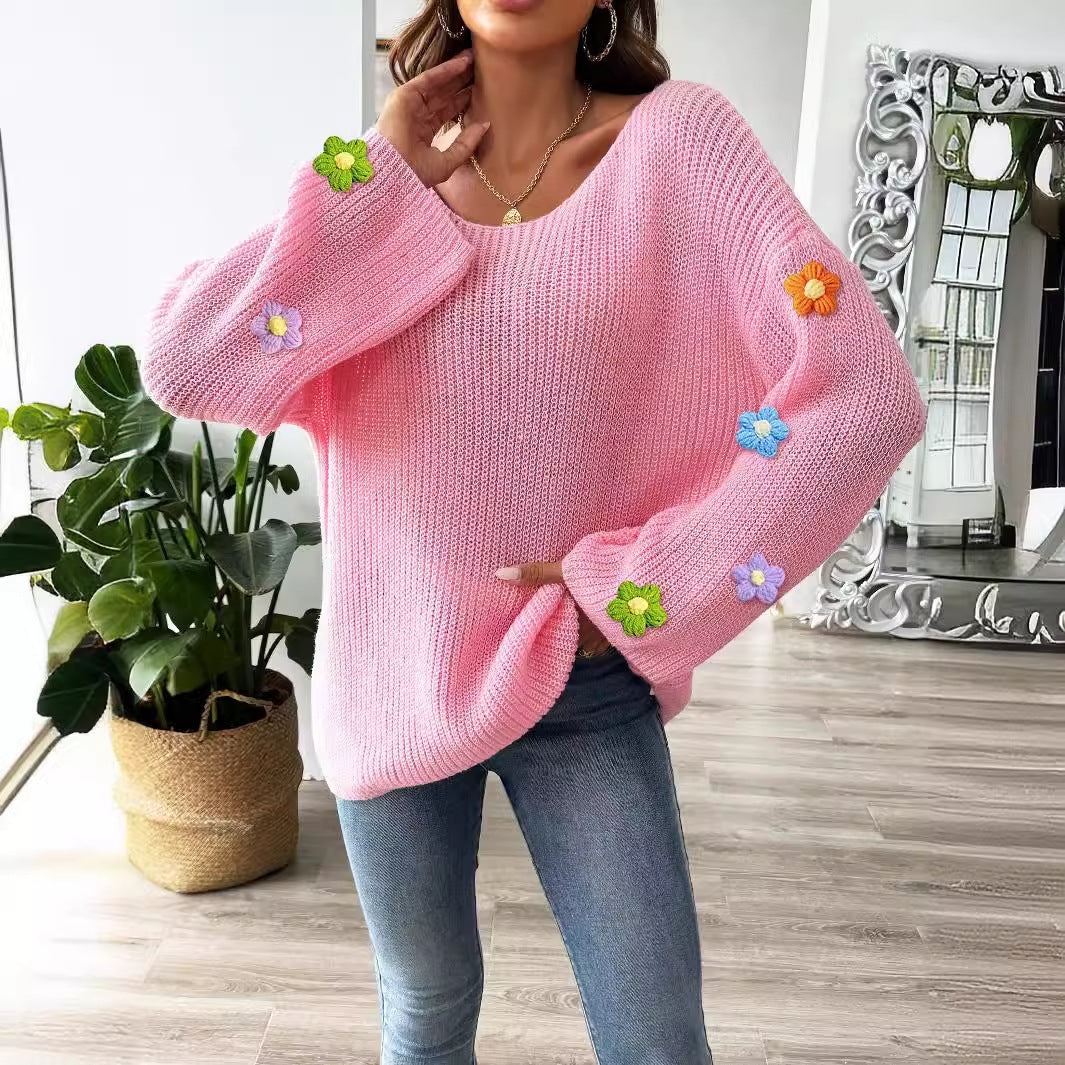 Women Hand Crocheting Floral Patchwork Top Women Clothing Simple Loose off Shoulder off the Shoulder Flared Sleeves Sweater