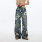 Women Same High Street Floral Wide Leg Jeans Printed Loose Fitting Nine One Mouth Two Leg Mop Pants