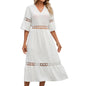 Solid Color V Neck Hollow Out Cutout Lace Stitching Half Sleeves Loose Dress