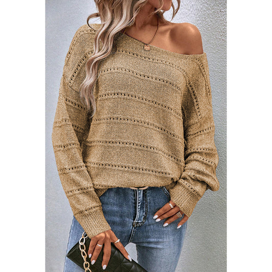 Autumn Winter Solid Color Hollow Out Cutout off Shoulder Sweater for Women Casual Loose All Matching Pullover Knitwear for Women