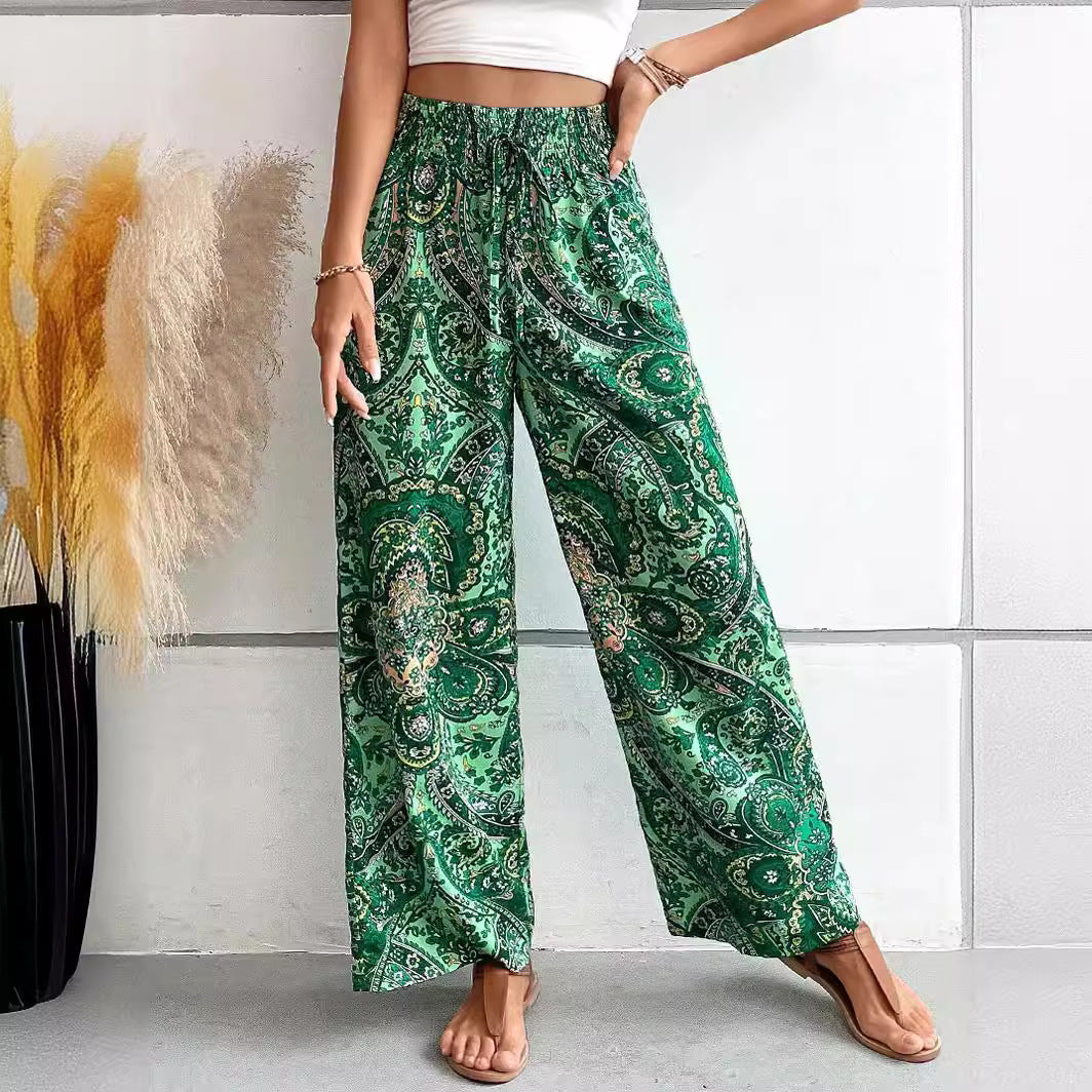 Women Clothing Summer All Match Printed Elastic Waist Wide Leg Pants