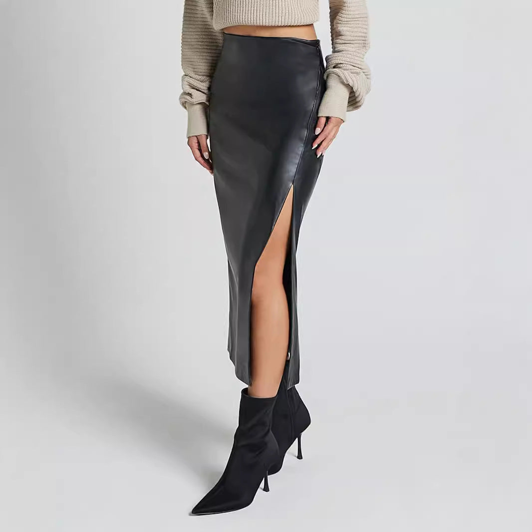 Autumn Winter Faux Leather Split Leather Skirt High Waist Zipper Skirt Slim Sheath Long Skirt Women