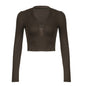 Button Pleated Small Design Solid Color Sexy V neck Slim Fit Slimming Solid Color Long Sleeve Bottoming T shirt Autumn