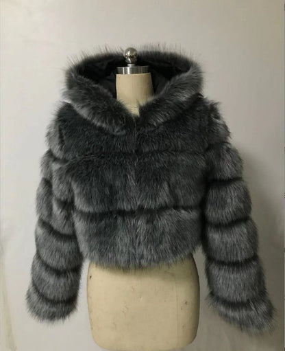 Fur Autumn Winter Artificial Fur Fox Fur Hooded Short Faux Coat Women