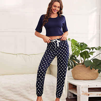 Homewear Casual Slim Fit Cropped Outfit Short-Sleeved Top Polka Dot Trousers Pajamas Suit