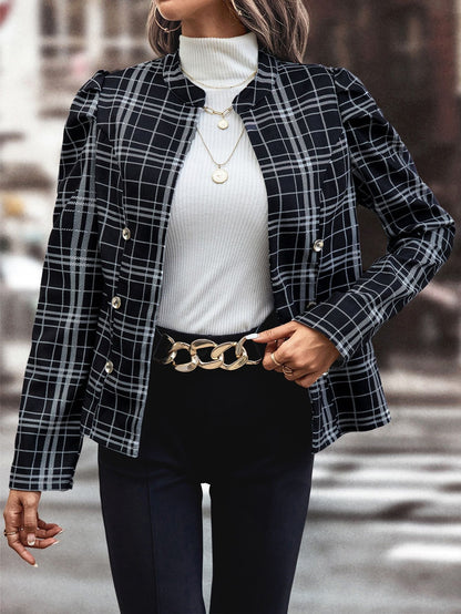 Autumn Winter Women Clothing Long Sleeve Black Plaid Short Coat