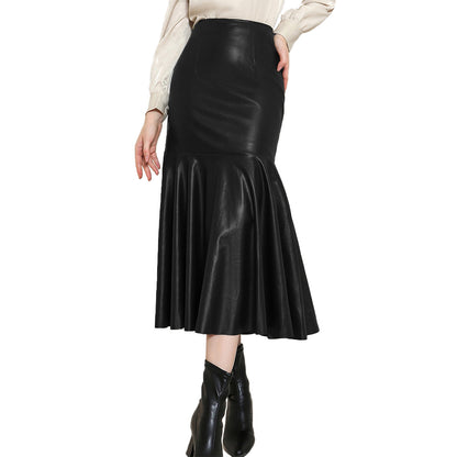 Leather Skirt Elegant Black Leather Skirt High Waist Slimming Sheath Trendy Skirt