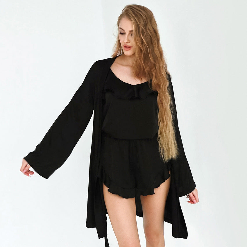 Autumn Spaghetti Strap Ruffle Design Shorts Nightgown Three Piece Solid Color Imitation Silk Ladies Homewear Pajamas