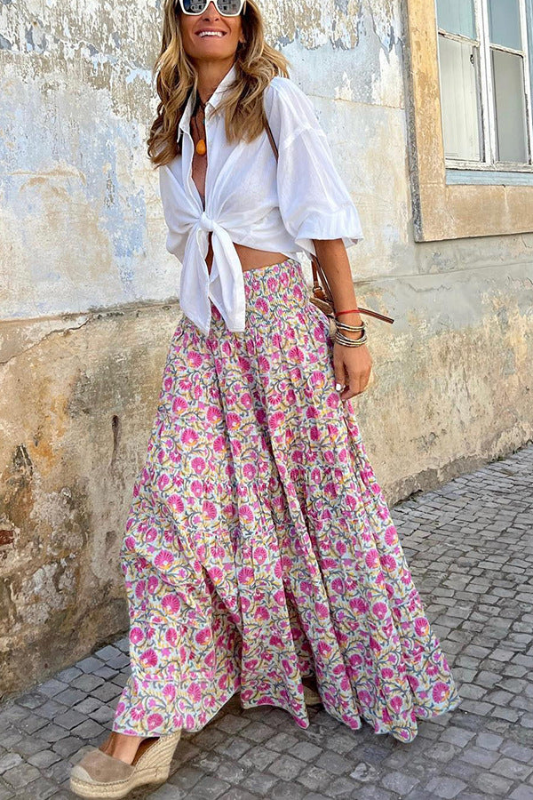 Summer Casual Women Wear Printed Long Skirt Elastic Waist Expansion Skirt for Vacation Skirt