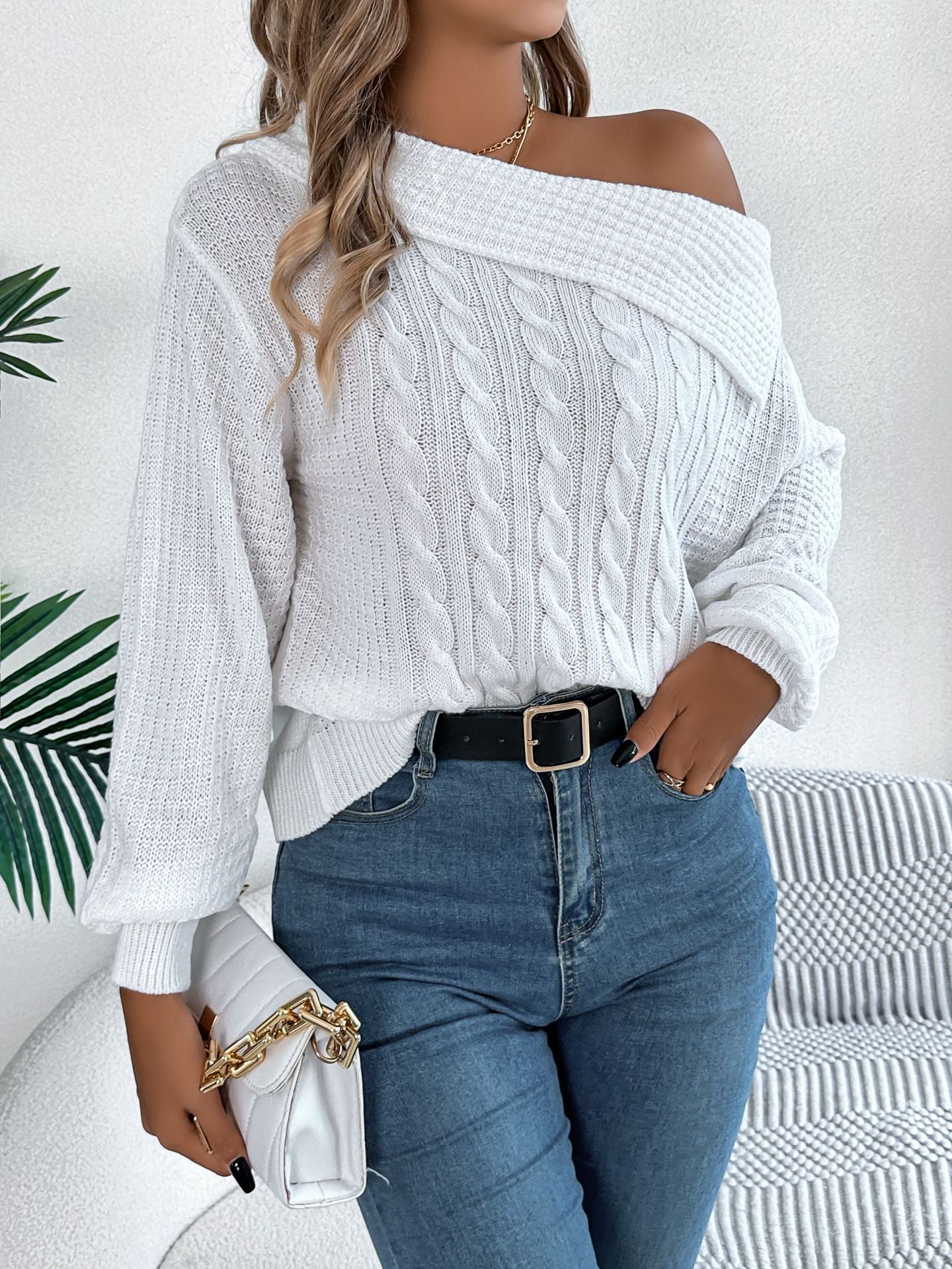 Autumn Winter Casual Sexy Collared Off The Shoulder Twist Long Sleeve Pullover Women Clothing