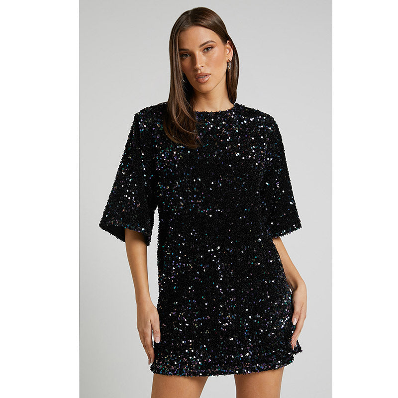 Autumn Winter Velvet Sequin Elegant V neck Backless Short Sleeve Dress