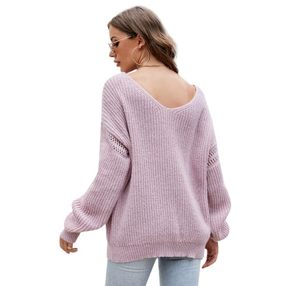 Autumn Winter Solid Color Long-Sleeved Sweater Loose V-neck Pullover Sweater for Women