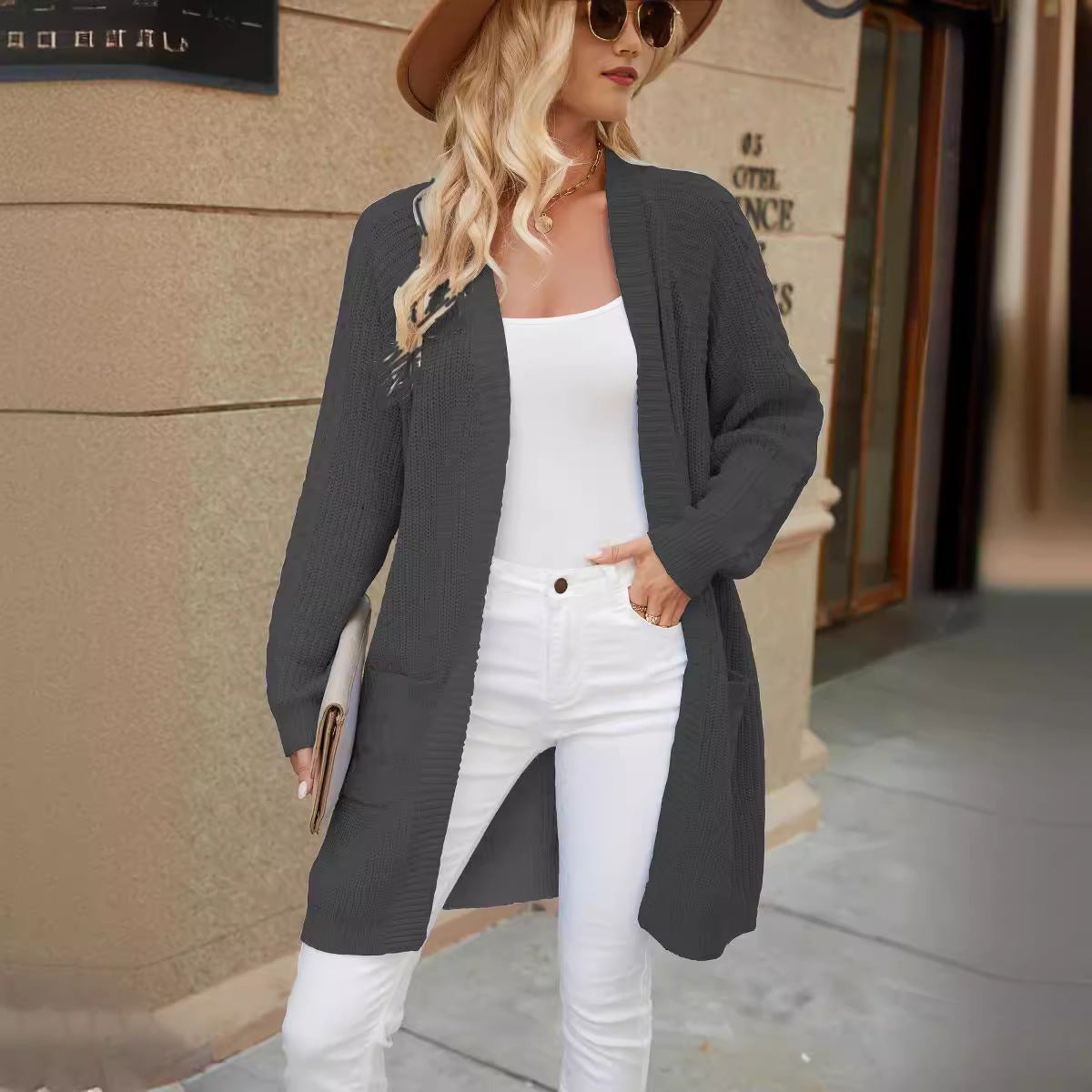 Long Knitted Cardigan Women Autumn Winter Knitted Loose Patchwork Pocket V-neck Sweater Sweater Coat