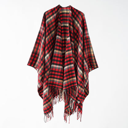 Plaid Autumn Winter Outerwear Cape Shawl Warm Cashmere like Tassel Scarf for Women