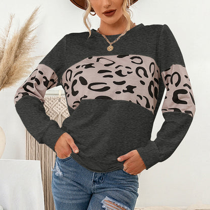 Autumn Winter Casual Knitted Leopard Print Pullover round Neck Contrast Color Patchwork Women