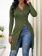 Autumn Winter Women Clothing V-neck Long Sleeve High Slit Thread Zipper T-shirt Top