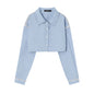 Fashionable Ribbon Blue Short cropped Long Sleeve Shirt Collared Sweet Autumn Top for Women