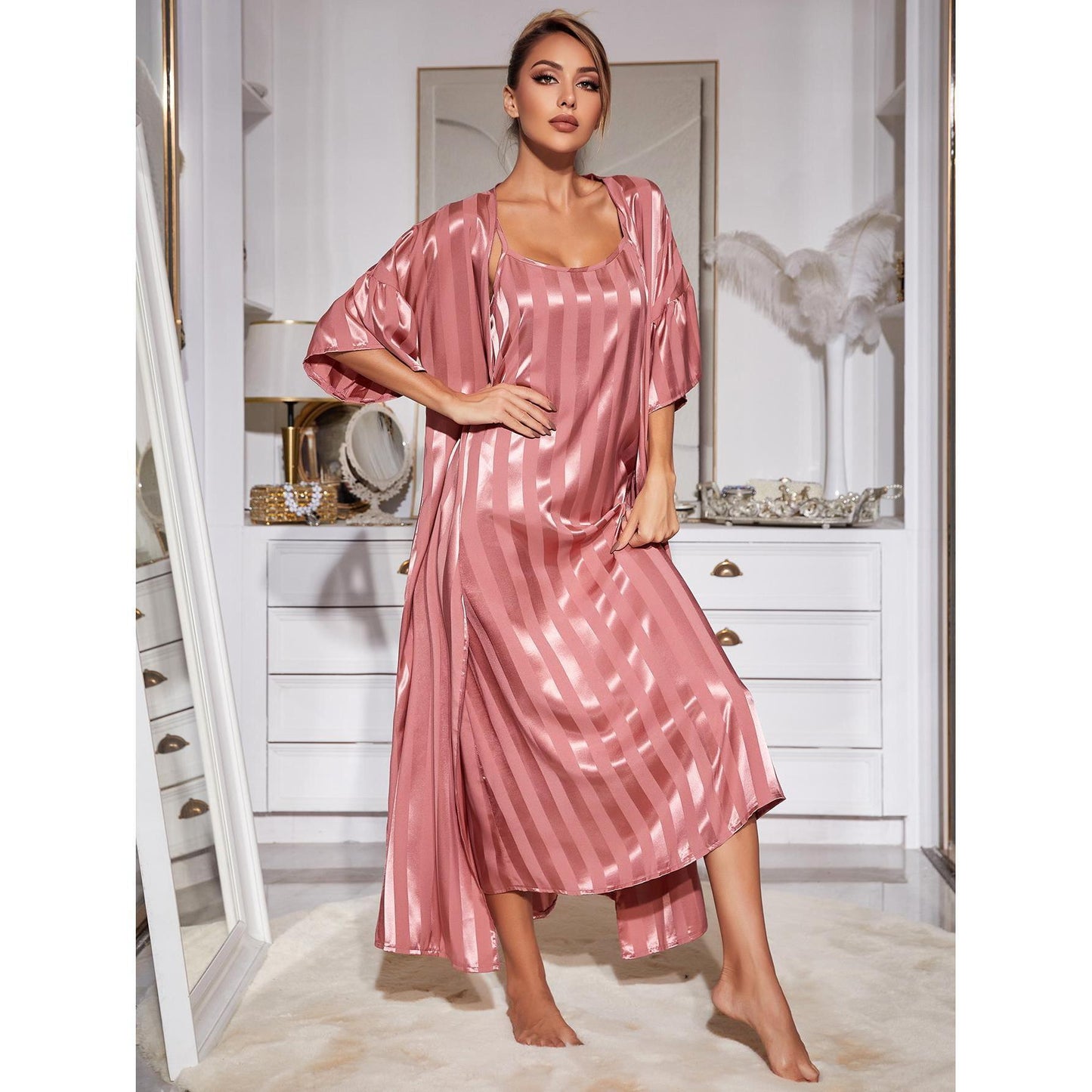 Sling Pajamas Women Two Piece Set  Long Robe Silk High Grade Home Wear Set