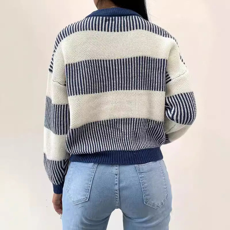 Women Pullover Blouse Autumn Winter Casual Loose Classic Contrast Color Striped Color Matching Sweater for Women