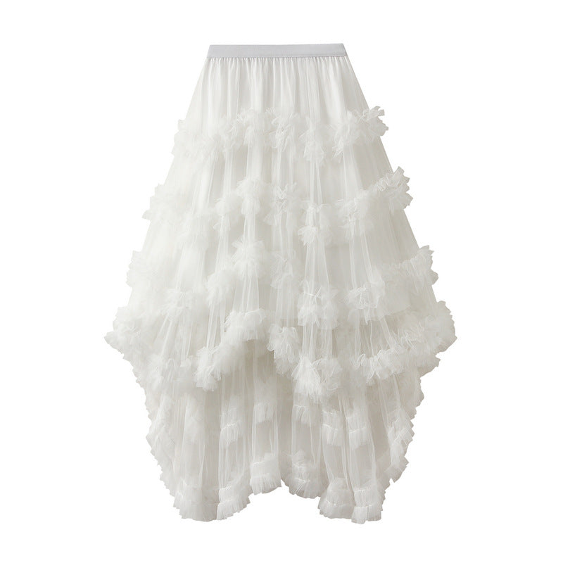 Yarn Skirt Candy Color Elastic Waist Fairy Mesh Skirt Puffy Irregular Asymmetric Ruffled Tiered Dress