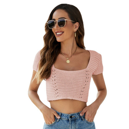 Women Sexy Short Cropped Knitted Top Hollow Out Cutout Criss Cross Backless Short-Sleeved Knitted Bottoming Shirt