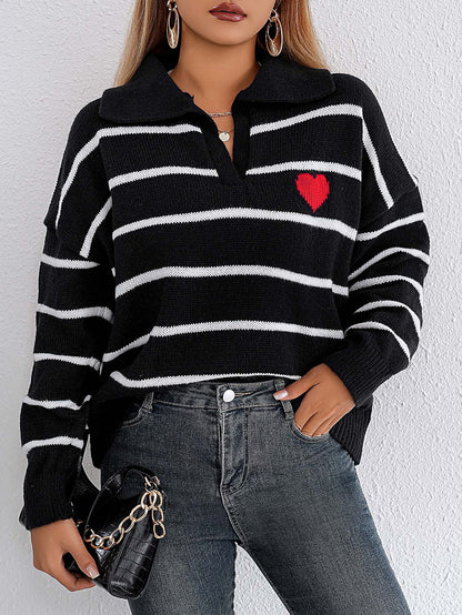 Women Pullover Sweater Top Color Contrast Patchwork Striped Love Polo Collar Sweater