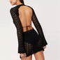 Crocheted Hollow Out Cutout Long Sleeved Dress Lace up Seaside See Tight Lace Backless Sexy Short Dress