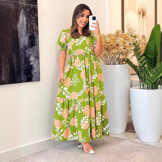 Women Clothing Dress Fresh Printed Square Collar Puff Sleeve Patchwork Ruffled Maxi Dress