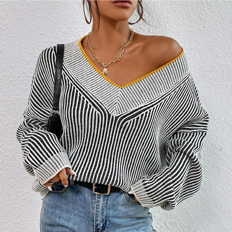 Autumn Winter V Neck Loose Slimming Batwing Sleeves Sweater Striped Contrast Color Pullover Sweater Top