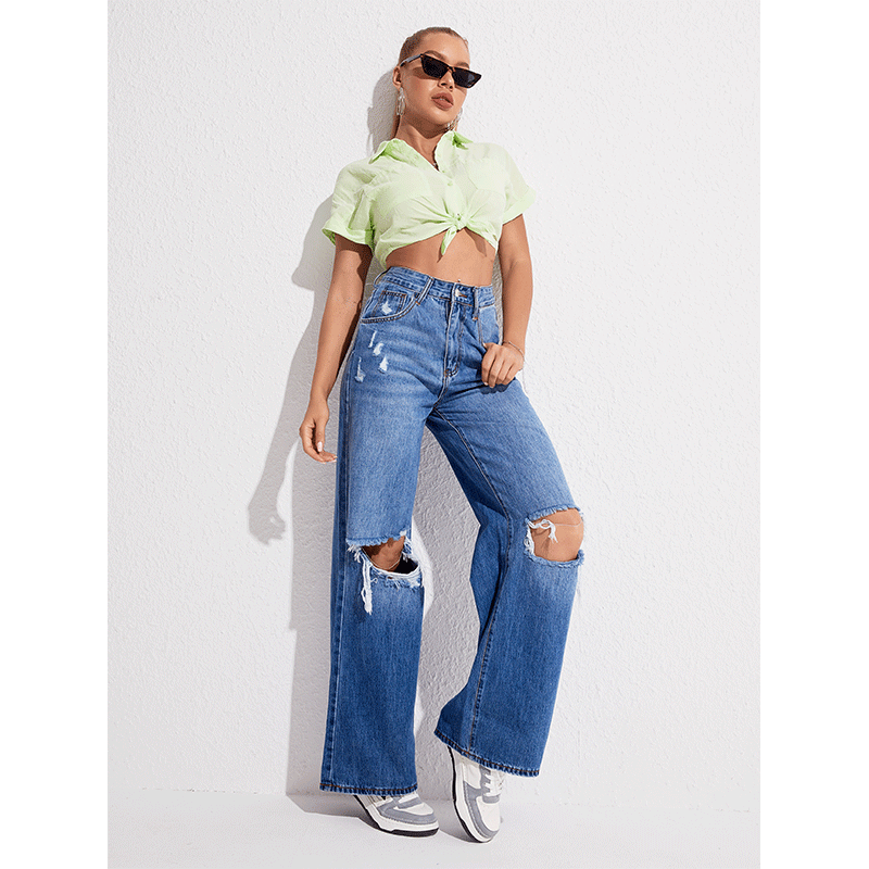 Denim Washed Women Casual Ripped Jeans Loose High Waist Wide Leg Trousers