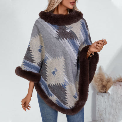 Autumn Winter Pullover Cloak Fur Collar Geometric Abstract Pattern Knitted Inverness Sweater Women