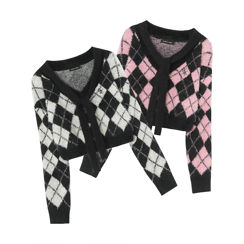 Niche Rhombus Sweater Autumn Show Umbilical V neck Sweater Girls