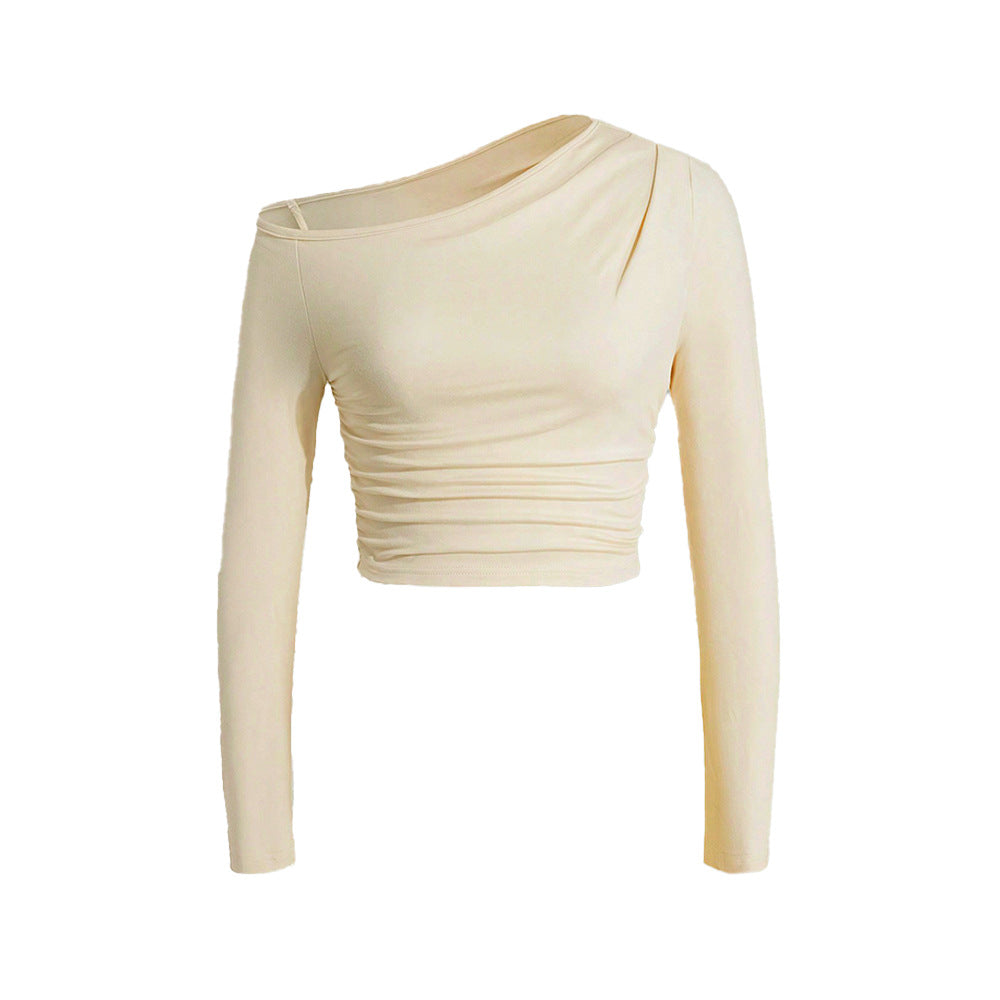 Women Clothing Sexy Pure Slant Shoulder Knitted Inner Match Outer Wear Slim Pleated Long Sleeve Bottoming Top