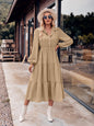 Women Clothing Autumn Winter Solid Color Casual Shirt Collar Waist Controlled Long Sleeves Dress