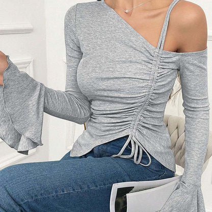 Women Clothing Sweet Spicy Diagonal Collar T Shirt Autumn Winter Ruffle Sleeve Unilateral Strap Short Top