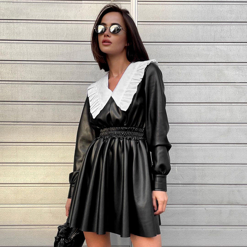 Autumn Winter Faux Leather  Dress Doll Collar Fitted Waist High Waist Long Sleeve Black Punk Street Women