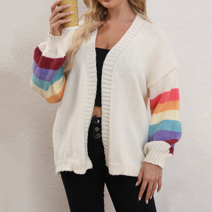 Women Wear Autumn Winter Solid Color Rainbow Stitching Loose Sweater Cardigan Knit Casual Coat Women Top