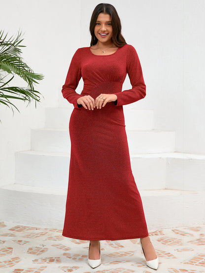 Autumn Winter Round Neck Long Sleeve Shiny Evening Dress Dress Slim Fit Cocktail Maxi Dress