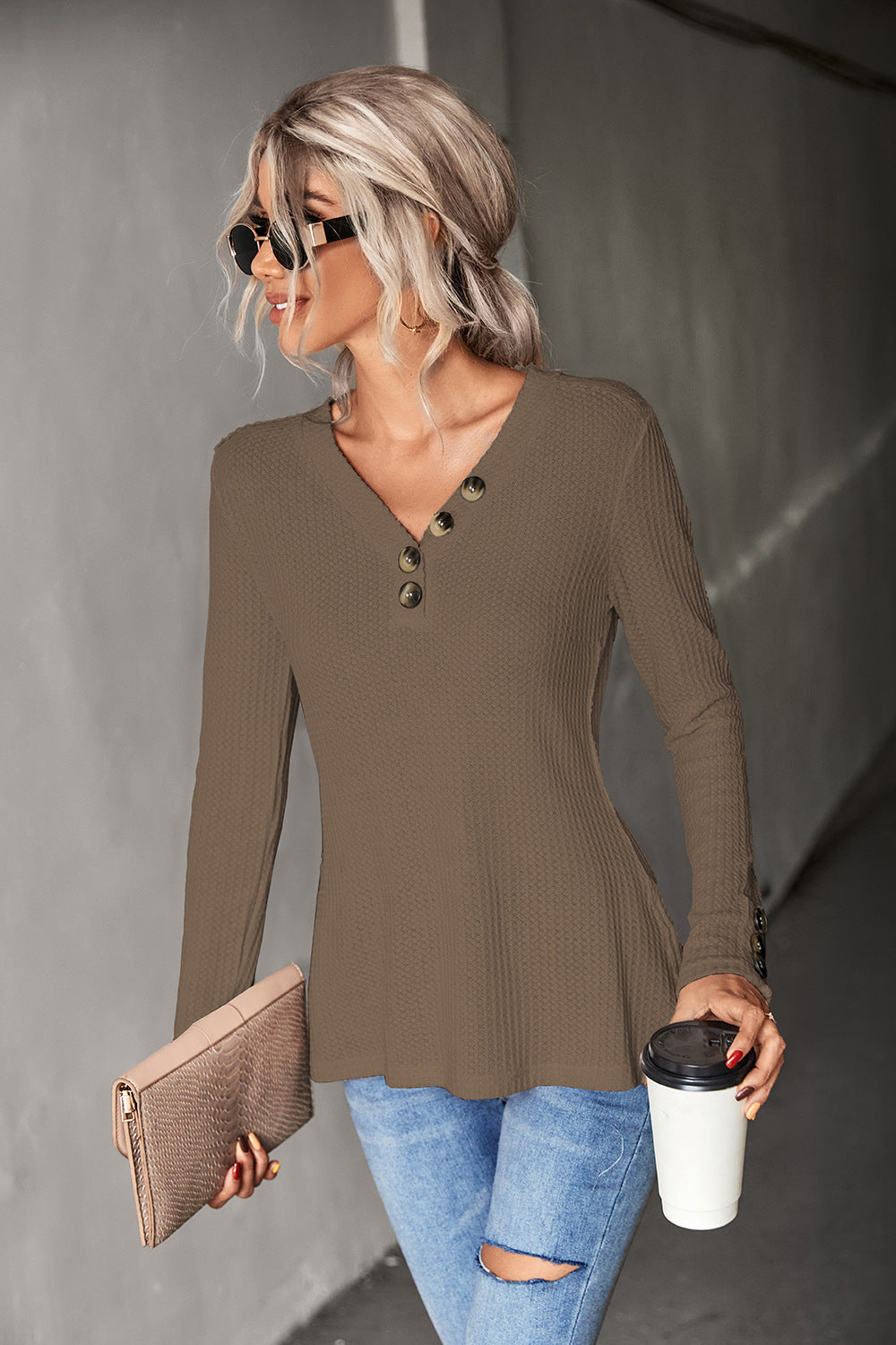 Autumn Women Clothing Solid Color Waffle Button Top